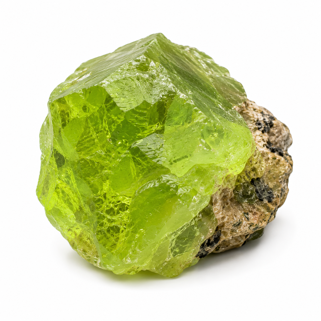 Natural rough peridot crystal on matrix, certified green mineral specimen from Pakistan
